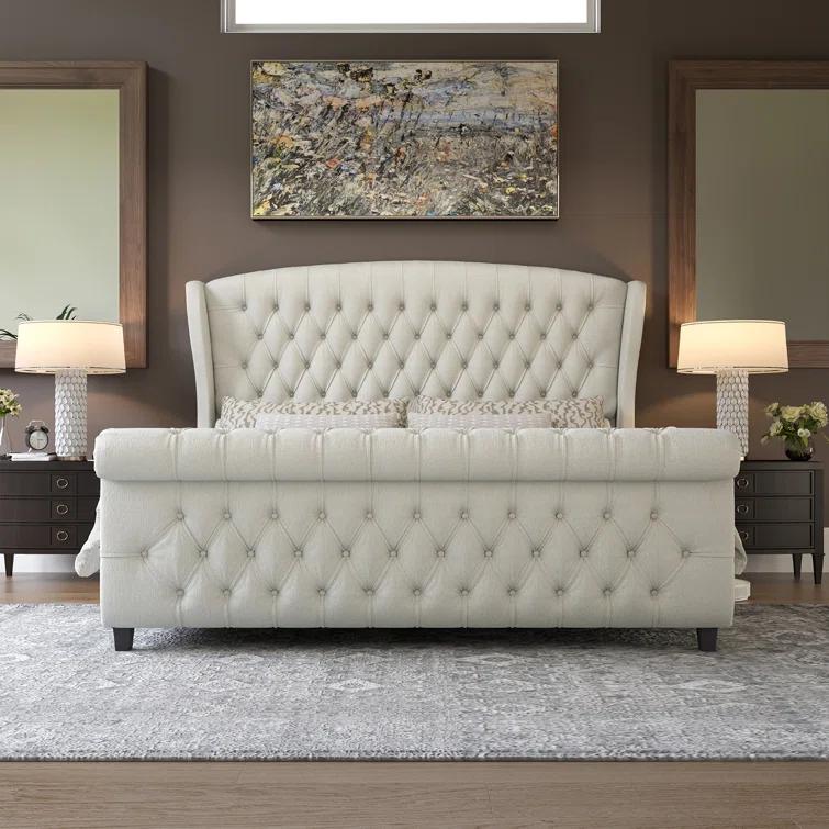 Dulane Chenille Upholstered Sleigh Bed with Scroll Wingback Headboard