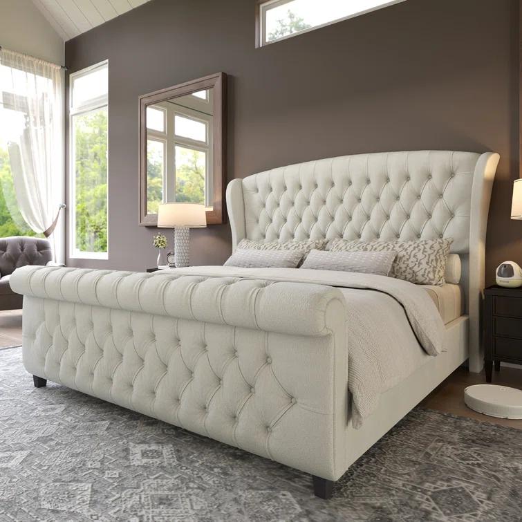 Dulane Chenille Upholstered Sleigh Bed with Scroll Wingback Headboard