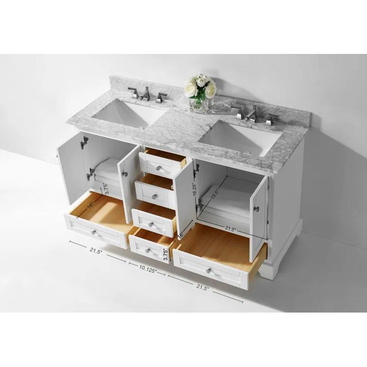 Audrey 60 in. Bath Vanity Set in White with Italian Carrara White Marble Vanity top and White Undermount Basin