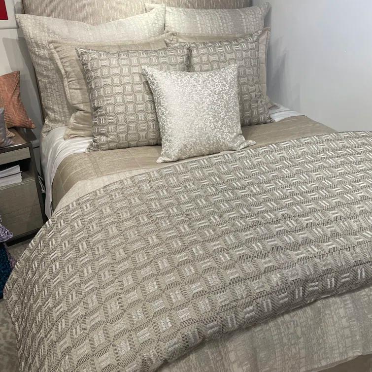 Beige Cotton Embroidered Padded Throw Blanket