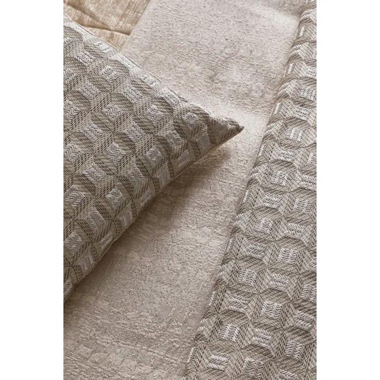 Beige Cotton Embroidered Padded Throw Blanket