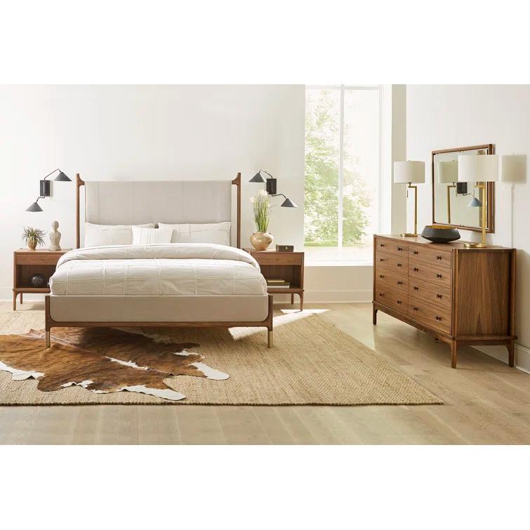 Queen Walnut and Beige Upholstered Wood Bed with Headboard