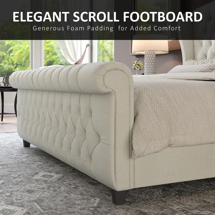 Dulane Chenille Upholstered Sleigh Bed with Scroll Wingback Headboard