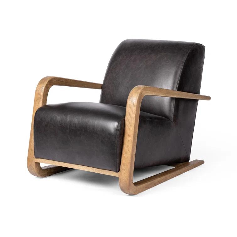 Sonoma Black Top-Grain Leather Armchair with Solid Oak Arms