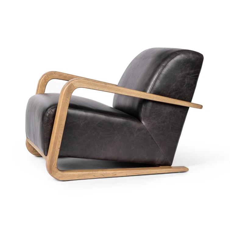 Sonoma Black Top-Grain Leather Armchair with Solid Oak Arms