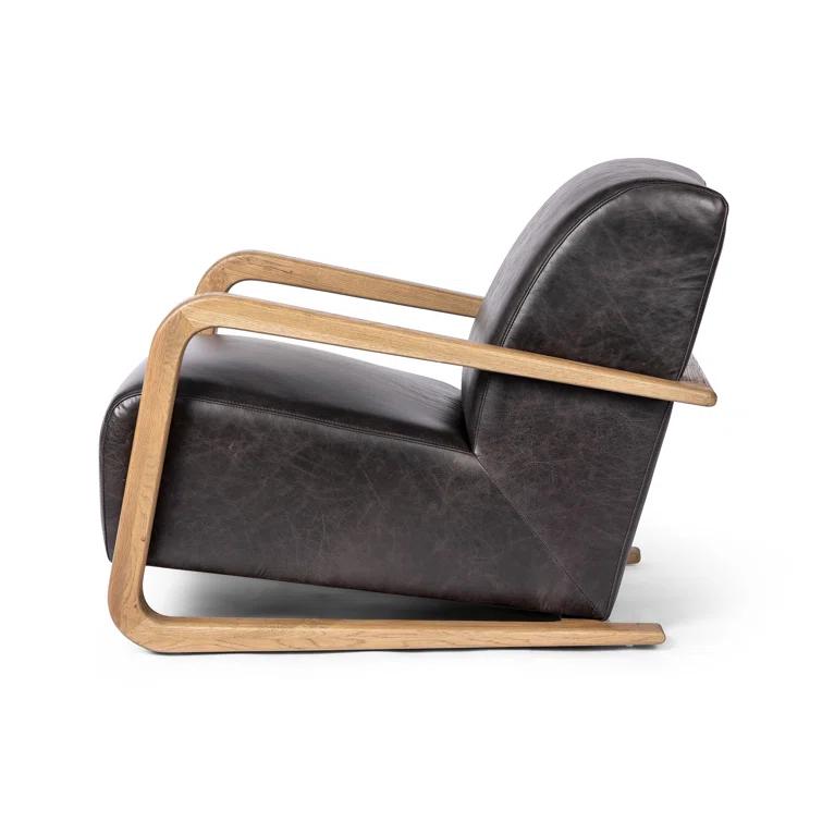 Sonoma Black Top-Grain Leather Armchair with Solid Oak Arms