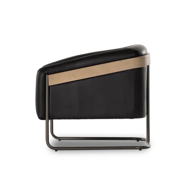 Heirloom Black Leather and Metal Barrel Chair