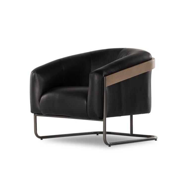 Heirloom Black Leather and Metal Barrel Chair