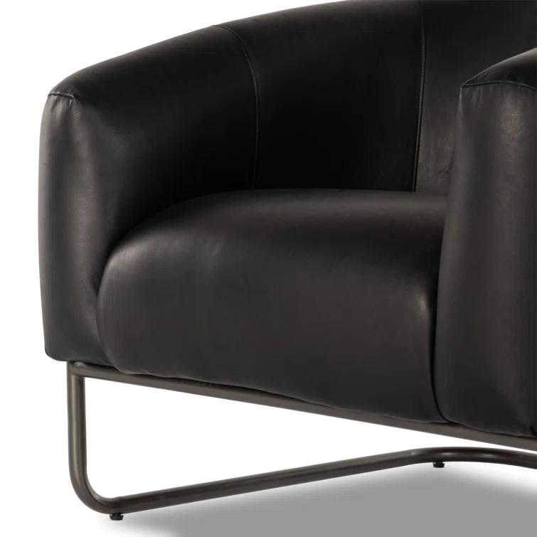 Heirloom Black Leather and Metal Barrel Chair