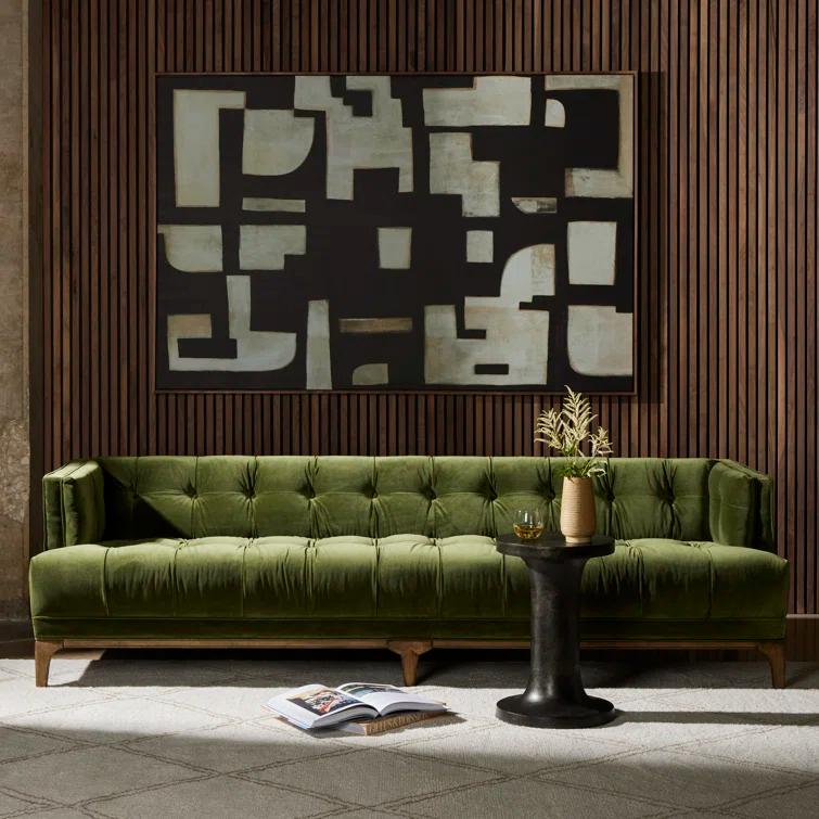 Auburn Velvet Tufted Sofa with Dark Walnut Wood Legs
