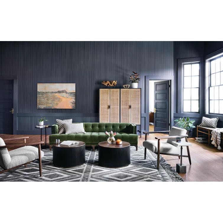Auburn Velvet Tufted Sofa with Dark Walnut Wood Legs