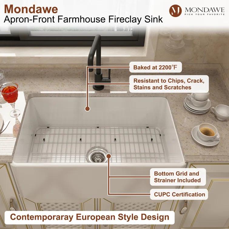 mondawe Farmhouse / Apron Single Bowl Fireclay Kitchen Sink KMSC0005-F33W