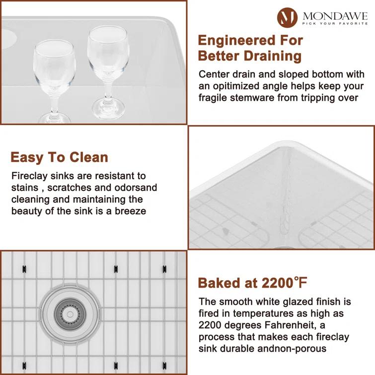 mondawe Farmhouse / Apron Single Bowl Fireclay Kitchen Sink KMSC0005-F33W