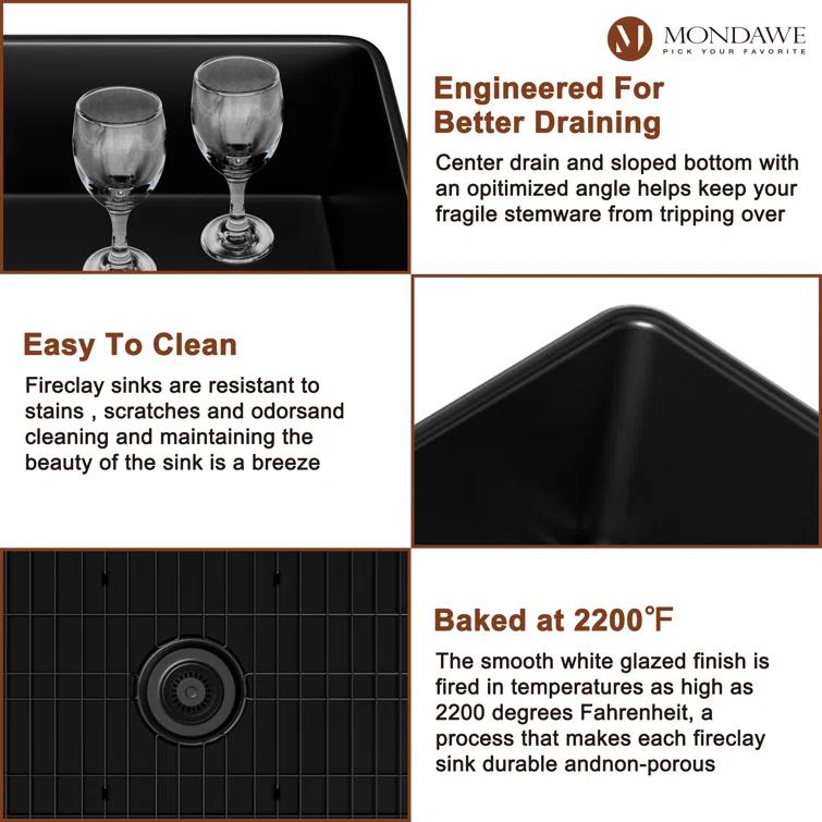 mondawe Farmhouse / Apron Single Bowl Fireclay Kitchen Sink KMSC0005-F33W