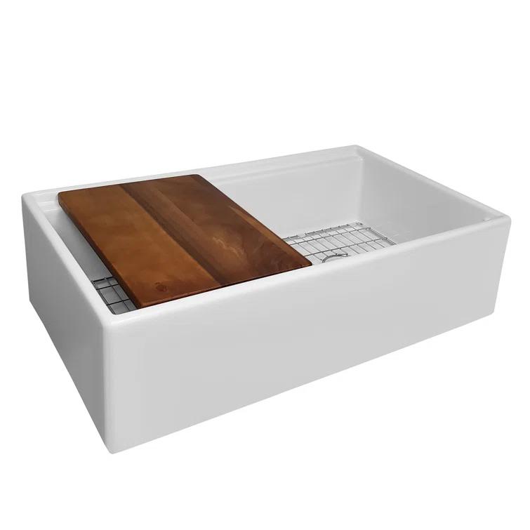 Whitehaus Collection Front Apron Single Bowl Fireclay Kitchen Sinks with Cutting Board and Grid