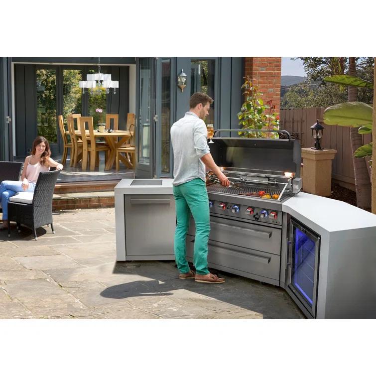 Mont Alpi 805 6-Burner 115000 BTU MAi805-D45FC U-shaped Stainless Steel Deluxe Modular Outdoor Kitchen BBQ Island Grill + Fridge Cabinet - 2 Infrared Burners, White Granite Countertops, Rotisserie Kit