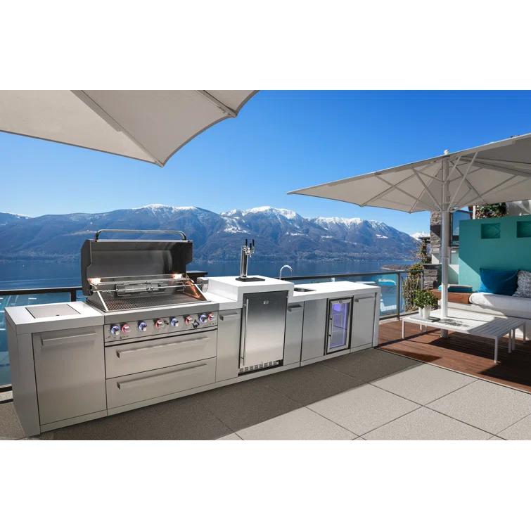 Mont Alpi MAi805-DKEGBEV 44-inch 6-Burner 115000 BTU Deluxe Stainless Steel Island Outdoor Kitchen Bar Gas Barbecue Island Grill with Wine Cooler Beverage Center Refrigerator + 3 Beer Tap Kegerator