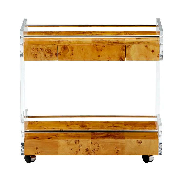 Honey-Hued Burled Wood and Acrylic Bar Cart with Stainless Steel Accents