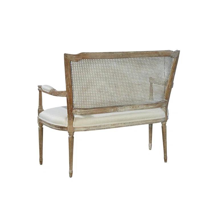 Vineland Victorian Oak & Cane Settee with Linen Upholstery