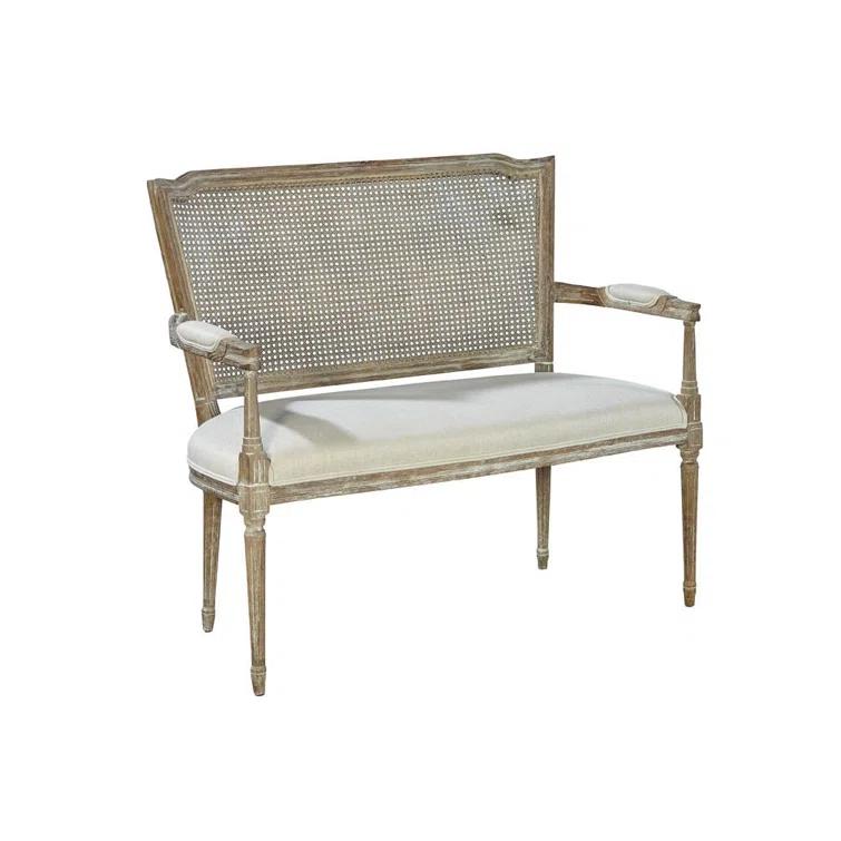 Vineland Victorian Oak & Cane Settee with Linen Upholstery
