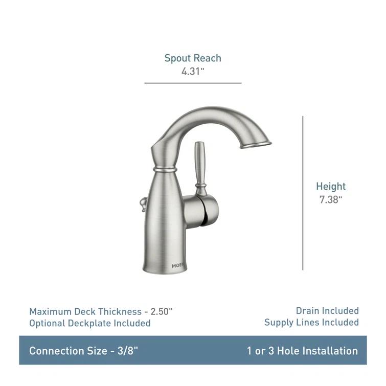 Moen Sarona Single Hole Bathroom Faucet with Drain Assembly and Optional Deckplate