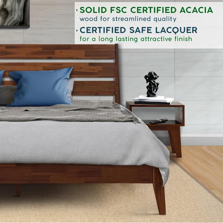 Acacia Emery 2-Pcs Bedroom Set – Solid Wood Platform Bed Frame & Matching Nightstand, Mid-Century Modern Farmhouse, 800 lbs Capacity, No Box Spring Needed