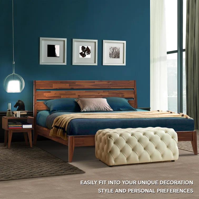 Acacia Emery 2-Pcs Bedroom Set – Solid Wood Platform Bed Frame & Matching Nightstand, Mid-Century Modern Farmhouse, 800 lbs Capacity, No Box Spring Needed