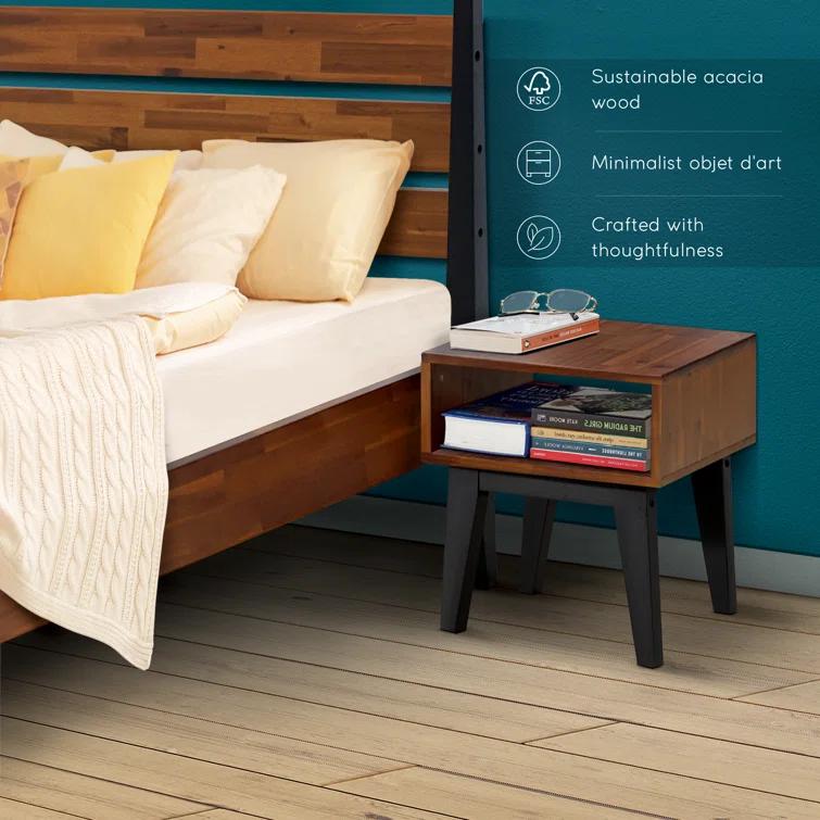 Acacia Emery 2-Pcs Bedroom Set – Solid Wood Platform Bed Frame & Matching Nightstand, Mid-Century Modern Farmhouse, 800 lbs Capacity, No Box Spring Needed