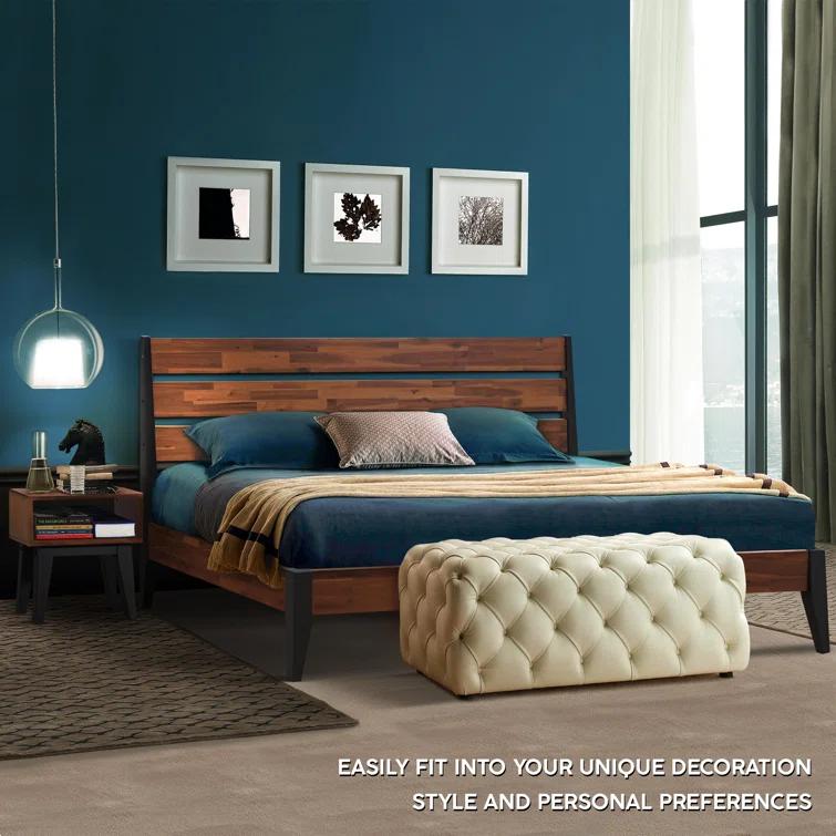 Acacia Emery 2-Pcs Bedroom Set – Solid Wood Platform Bed Frame & Matching Nightstand, Mid-Century Modern Farmhouse, 800 lbs Capacity, No Box Spring Needed