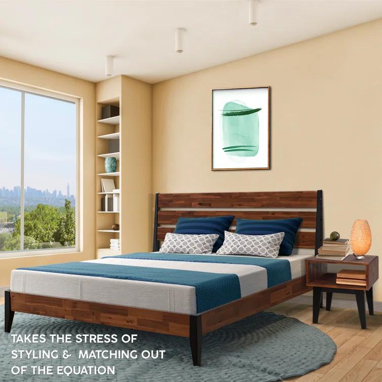 Acacia Emery 2-Pcs Bedroom Set – Solid Wood Platform Bed Frame & Matching Nightstand, Mid-Century Modern Farmhouse, 800 lbs Capacity, No Box Spring Needed