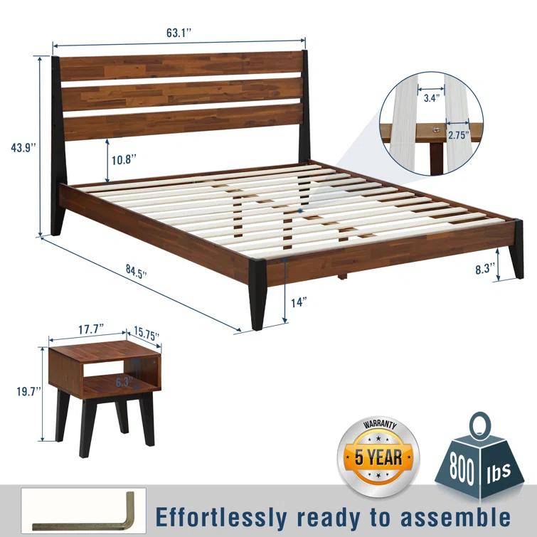 Acacia Emery 2-Pcs Bedroom Set – Solid Wood Platform Bed Frame & Matching Nightstand, Mid-Century Modern Farmhouse, 800 lbs Capacity, No Box Spring Needed