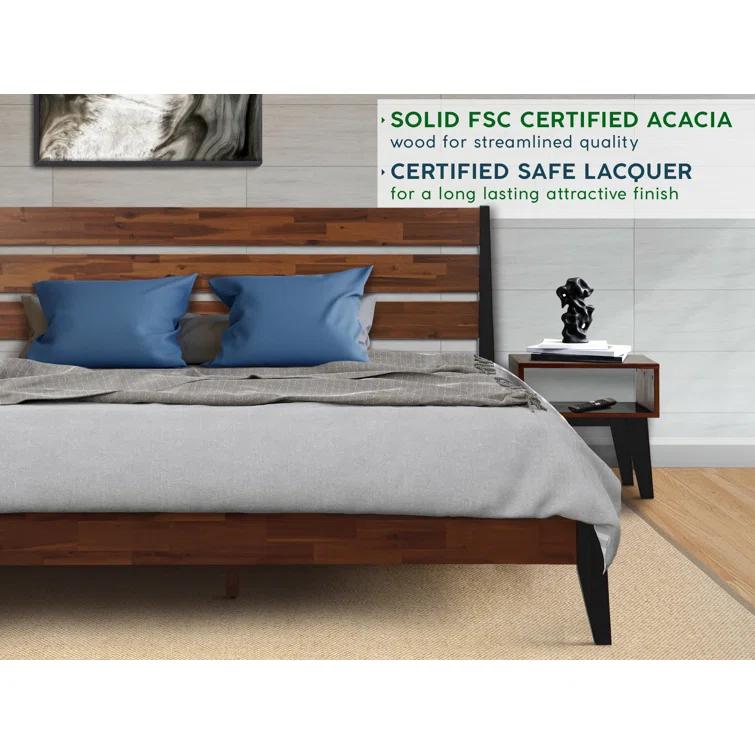 Acacia Emery 2-Pcs Bedroom Set – Solid Wood Platform Bed Frame & Matching Nightstand, Mid-Century Modern Farmhouse, 800 lbs Capacity, No Box Spring Needed