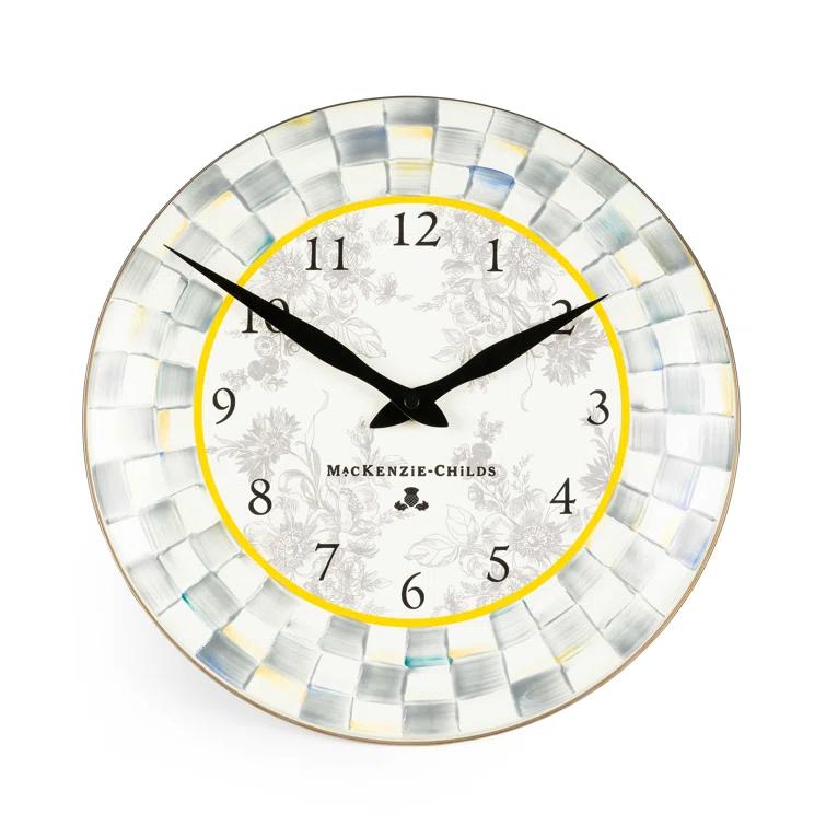 Gray and White Enamel Round Wall Clock with Hand-Painted Checks
