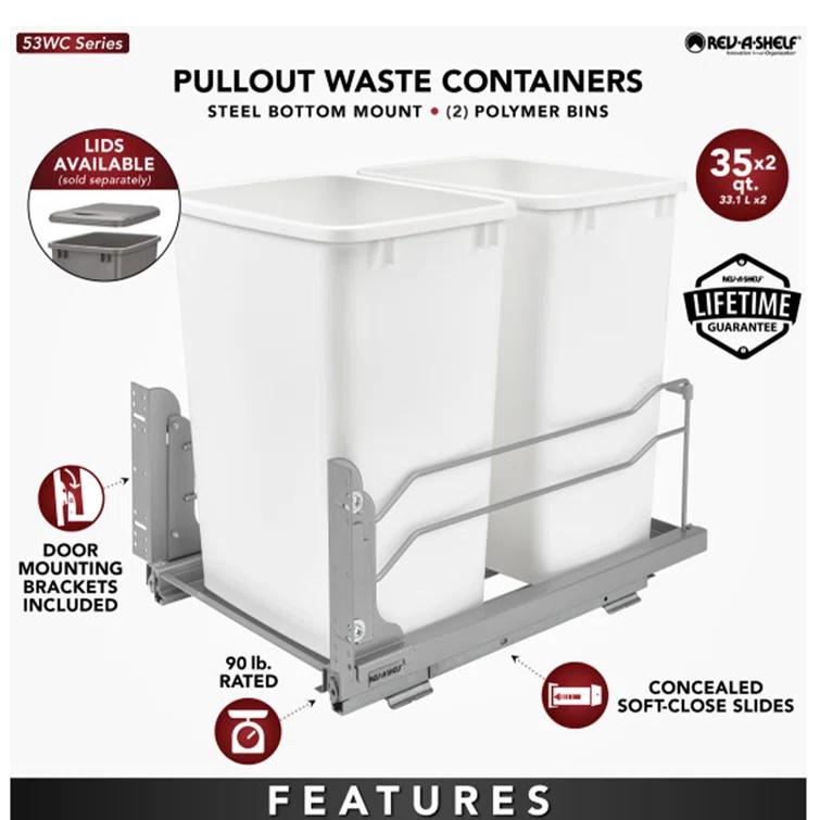Rev-A-Shelf Double Pull Out Trash Can 35 Qt with Soft-Close