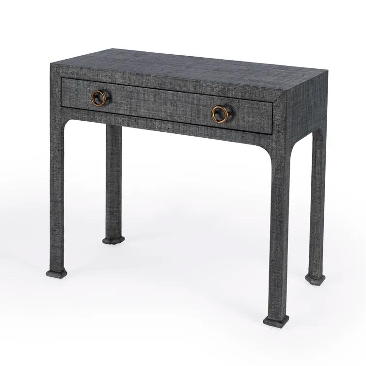 Gray Raffia Wrapped Rectangular Console Table with Drawer