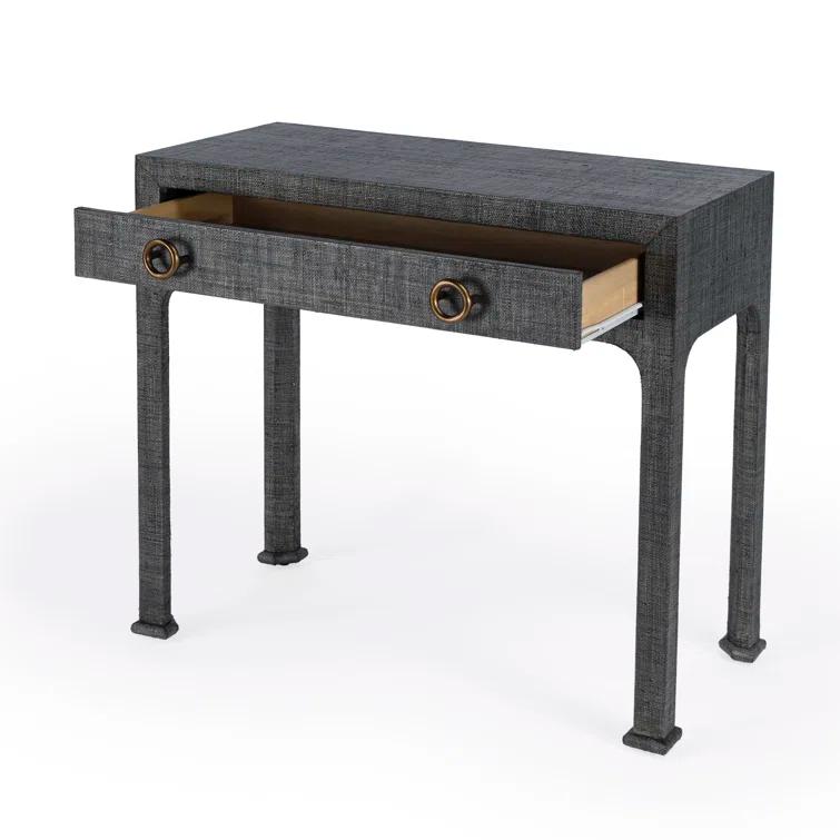 Gray Raffia Wrapped Rectangular Console Table with Drawer