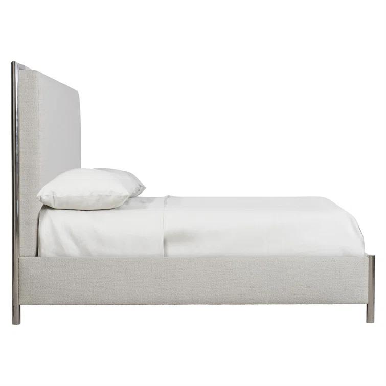 Beige Linen Upholstered Queen Bed with Metal Frame and Headboard