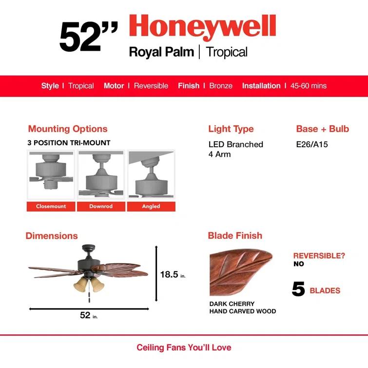 Honeywell 52" Royal Palm Tropical 5 Blade Ceiling Fan