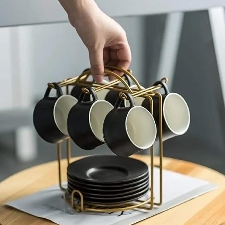 QXXSJ Coffee Cup Set Espresso Cups With Saucers Set With Cup Holder 4 Oz Espresso Cup Set Of 6 - Demitasse Cups Black (Set of 6)