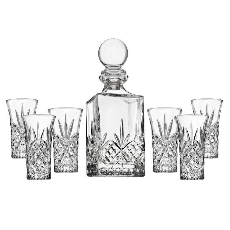 Godinger Silver 7pc Dublin Crystal Spirits Decanter and Shot Glass Set: Hand Wash, Dishwasher-Safe, Service for 6