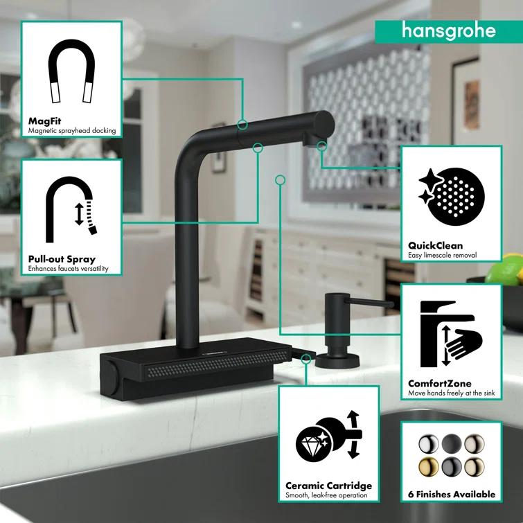 Hansgrohe Aquno Select Kitchen Faucet with L-Shape 2-Spray Pull-Out Spout with sBox, 1.75 73830671