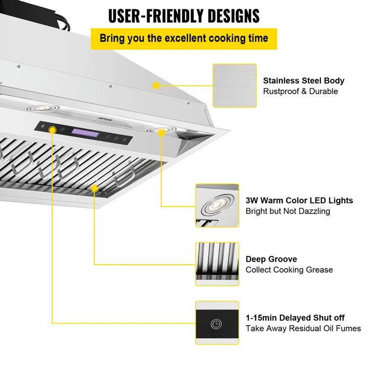 VEVOR 900-CFM 4-Speed 30-inch Ducted Insert Range Hood with Charcoal Filter and Light Included