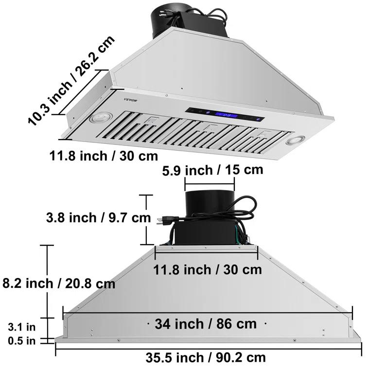 VEVOR 36" 900 CFM 4 Speed Ducted Insert Range Hood with Charcoal Filter and Light