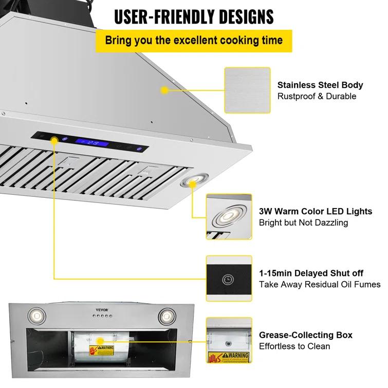 VEVOR 36" 900 CFM 4 Speed Ducted Insert Range Hood with Charcoal Filter and Light