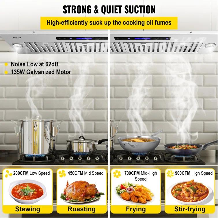 VEVOR 36" 900 CFM 4 Speed Ducted Insert Range Hood with Charcoal Filter and Light