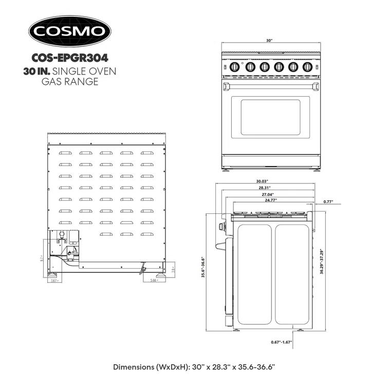 Cosmo 30 in. Haven Collection 4.5 cu. ft. Gas Range with 5 Sealed Burners, Convection Oven, Knob LED Lights, Stainless Steel
