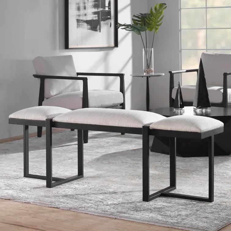 White Upholstered Bench with Black Iron Frame