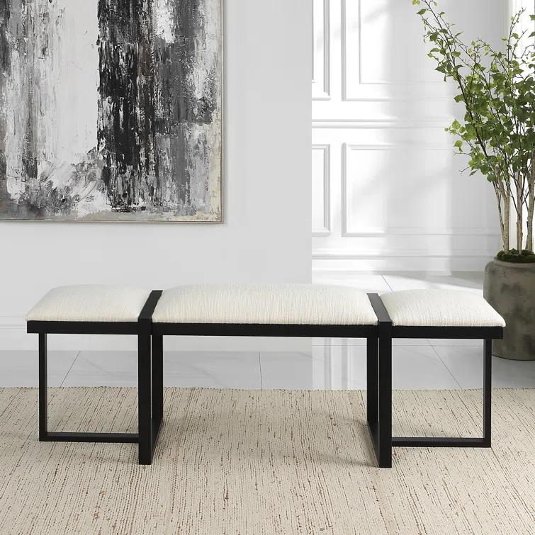 White Upholstered Bench with Black Iron Frame