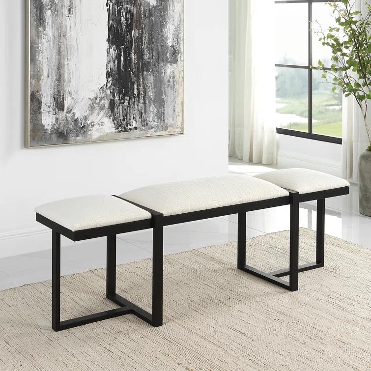 White Upholstered Bench with Black Iron Frame