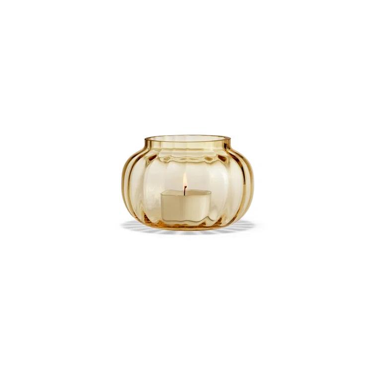 Amber Mouth-Blown Glass Tealight Holder with Wavy Exterior